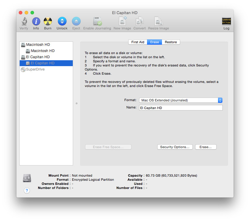 Yosemite Disk Utility, with Unlock option